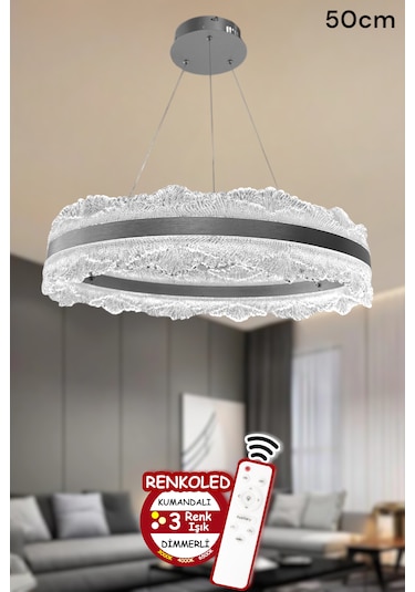3 Renk Işıklı Kumandalı Modern Sarkıt Led Avize Ledli Avize Salon ,oda ,mutfak ,hol 50 Cm Çiçek Antrasit Gümüş