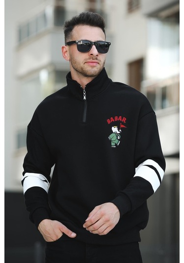Babar Üç İplik Şardonlu Nakışlı Fermuarlı Dik Yaka Oversize Erkek Sweatshirt 001