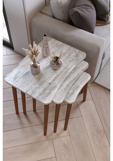 Zuesse Dizayn Reyhan 3lü Zigon Sehpa & Yan Sehpa Ahşap Ayaklı Salon Seti Çay Sehpası - Kristal