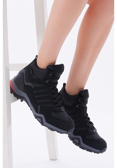 Rahat Kalıp Yanı Şerit Detaylı Bağcıklı Unisex Siyah Füme Trekking Bot Tb242-0 Siyah Füme