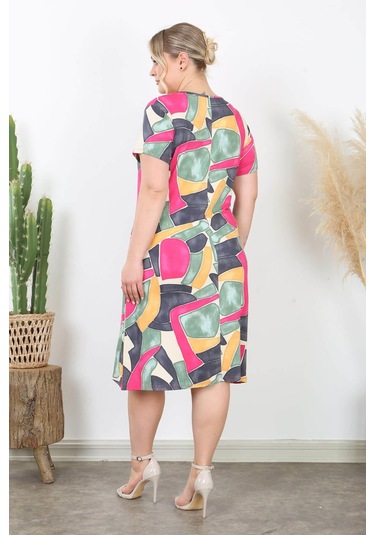 Kadın Pembe Gri Geometrik Desen Midi Elbise Pembe