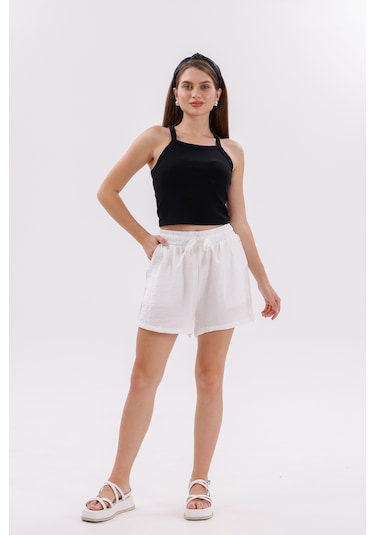 Genius Store Genıus Store Kadın Şort Aerobin Pamuklu Cepli Çekmez Kumaş Beli Lastikli Şort Beyaz