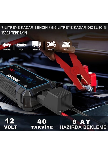 Avapow A9 29.6WH/8000MAH 1500A Jump Starter Taşınabilir Akü Takviye Kiti (Powerbank + LCD + LED Işık)