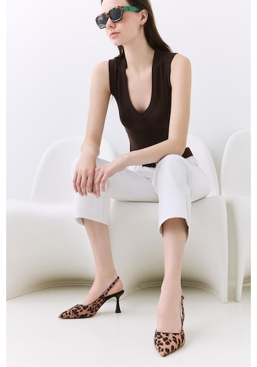 Kadın Taba Leopar Desenli Ayarlanabilir Tokalı Stiletto Taba