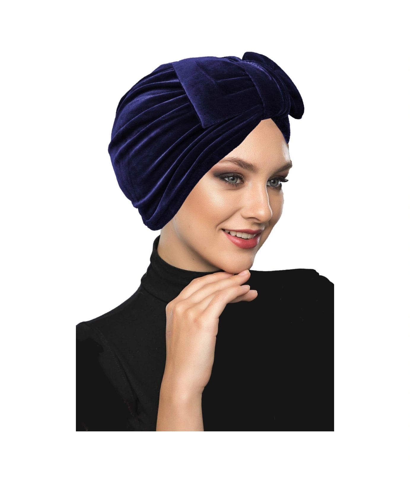 Kadife Fiyonklu Astarlı Lacivert Hazır Türban Tesettür Bone Lacivert