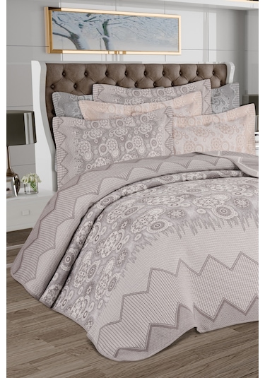 DELÜX ZAMBAK MODEL 3 PARÇA YASTIKLI YATAK ÖRTÜSÜ PİKE TAKIMI Krem - Kahverengi