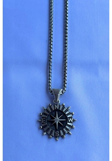 Pusulalı El İşçiliği Paslanmaz Çelik Zincir Erkek Kolye Gümüş