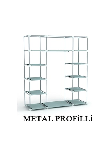 Beyazpazar Metal Profilli Bez Dolap 12 Raflı+Askılıklı Bez Dolap Siyah