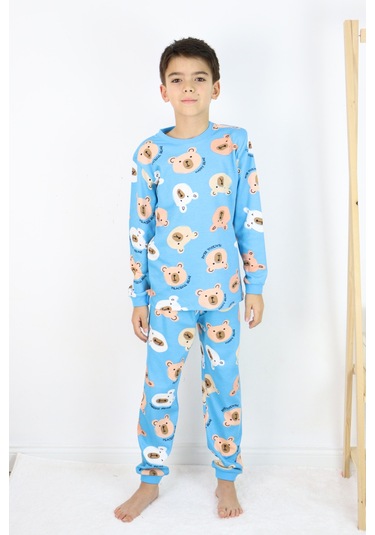 Erkek Çocuk Baskılı İnterlok Kumaş Uzun Kollu Pijama Takımı Açık Mavi