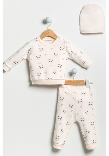 Erkek Bebek Panda Desenli Mevsimlik 3'lü Takım-krem Krem