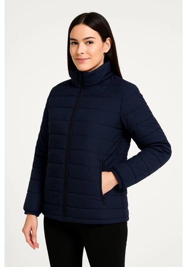 Kadın Bomber Mont Ceket - Su İtici Kumaş, Kapitone Astarlı, Fermuarlı, Kışlık - Lacivert Çok Renkli