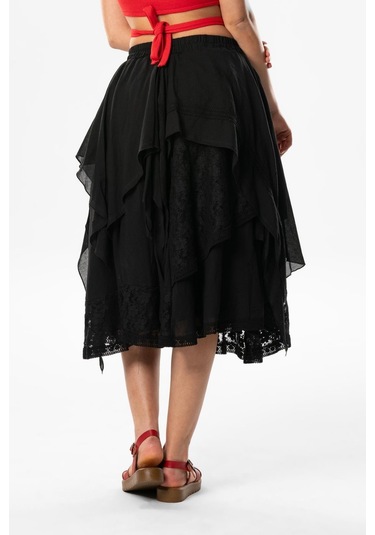 Salkım Vual Dantelli Saçaklı Uzun Yazlık Otantik Etek Siyah Syh-siyah Siyah