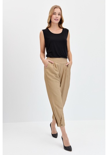 Kadın Geniş Kemerli Paçası Düğmeli Keten Pantolon Camel Camel