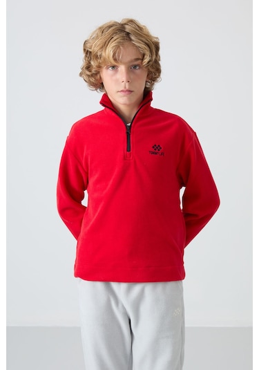 Tommy Life Kırmızı Kalın Yumuşak Dokulu Standart Fit Nakışlı Polar Erkek Çocuk Sweatshirt - 11221 Kırmızı