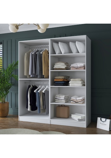 Rani Ba156 Geniş Gardırop Elbise Dolabı 4 Kapaklı 5 Raflı 2 Askılı Modüler Dolap Beyaz