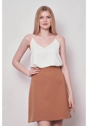 Yüksek Bel Hafif Likralı Kumaş Diz Boy Çan Etek-camel CAMEL