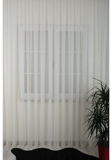 Damla Keten Görünümlü Leno Tül Perde Pilesiz Krem