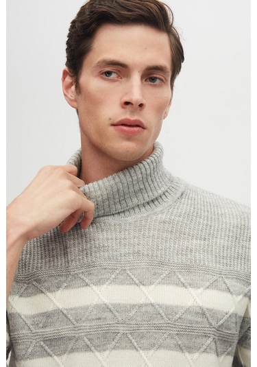 Ds Damat Regular Fit Gri Melanj Çizgili Tüylenme Yapmayan Tam Balıkçı Yaka Triko Kazak 3hc0618ortckzk Gri Melanj