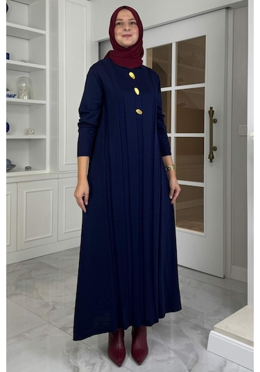 Yaprak Triko Elbise Lacivert Normal