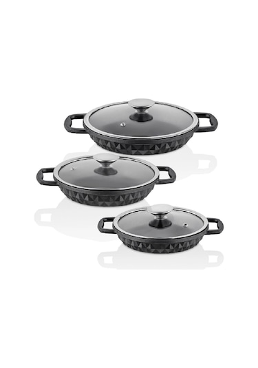 Taç Bella Cam Kapaklı 3 Lü Döküm Sahan Seti Siyah