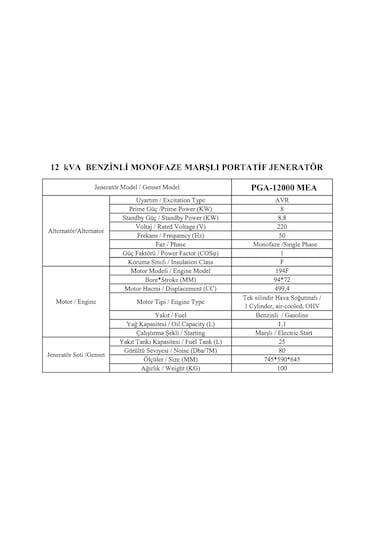 Armak PGA-12000 Mea 11 Kva Benzinli Monofaze Portatif Jeneratör