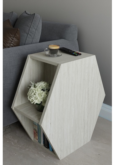 Alpa Ev Mobilya Altıgen Tasarım Yan Sehpa, Modern Koltuk Yanı Ve Dekoratif Kitaplık, Salon Sehpası Traverten