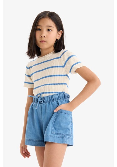 Defacto Kız Çocuk Cropped Fit Bisiklet Yaka Çizgili Kısa Kollu Kazak E4293a825smwt34 Beyaz