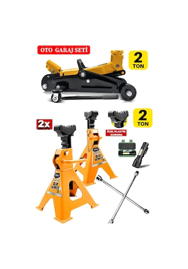 2ton/2000kg Tekerlekli Araba Krikosu + 2ton Sehpa Tip + Bijon Set