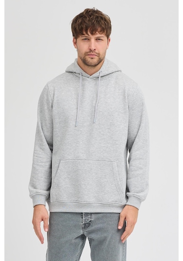 Erkek Gri Melanj Standart Fit Normal Kesim Içi Polarlı 3 Iplik Kapüşonlu Pamuklu Sweatshirt Gri Melanj