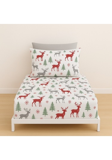 Tek Kişilik Geyik Desen 90 X 200 Cm Lastikli Çarşaf Ve Yastık Kılıfı Yeşil