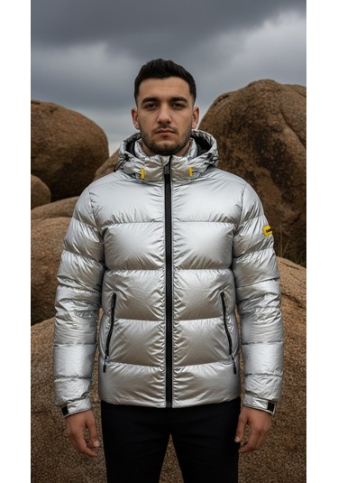 Erkek Gümüş Renk Kapüşonlu Şişme Mont Su Geçirmez Parlak Kaban Gümüş