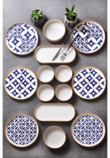 Kitchen Life 14 Parça 6 Kişilik Karo Stackable Kahvaltı Takımı - Kahvaltılık Lacivert Bej Kahverengi