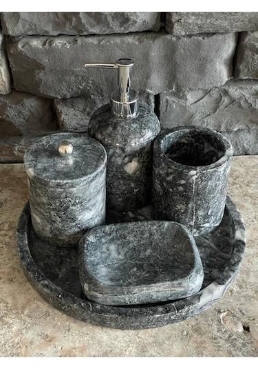 Uludağ Siyahı Mermer 5'li Banyo Seti Beyaz