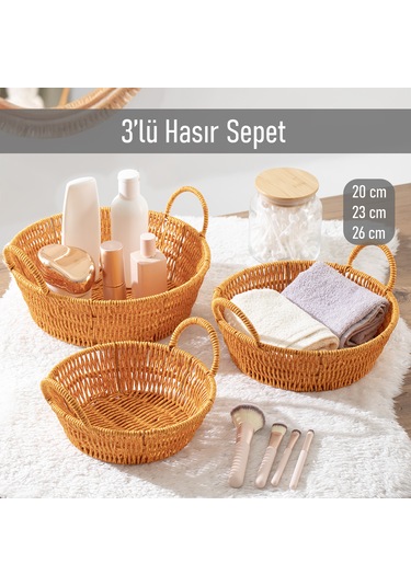 Porsima 304a 3 Lü Düzenleyici Hasır Sepet Seti Ekmeklik Sepet