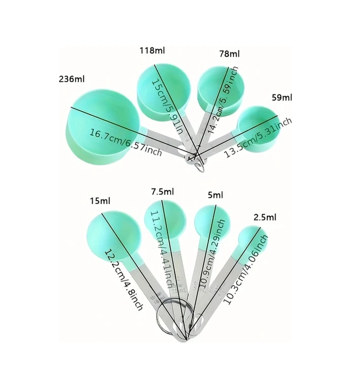 Gateesat Yeşil 8 Parça Paslanmaz Saplı Ölçü Kaşığı Ve Kabı Seti Kuru Sıvı Malzemeler İçin Yeşil
