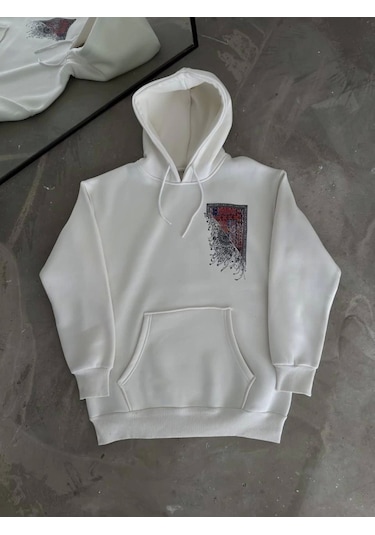 Efnaz Style Uzun Kol Kapşonlu Ön Ve Arka Baskılı Sweatshirt - Beyaz