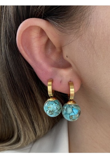 Mavi Taşlı Yuvarlak Sallantılı Çelik Kararmaz Gold Kaplama Küpe Ç