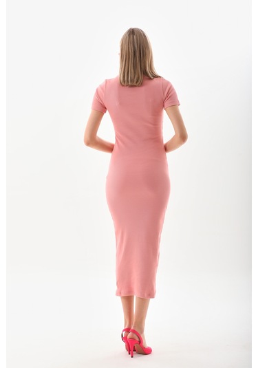 Pembe Kısa Kollu Diz Altı Fitilli Esnek Kalem Elbise - 130 Cm