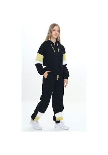 Toontoy Kız Çocuk Kapüşonlu Fermuarlı Garni Detaylı Eşofman Takım Siyah