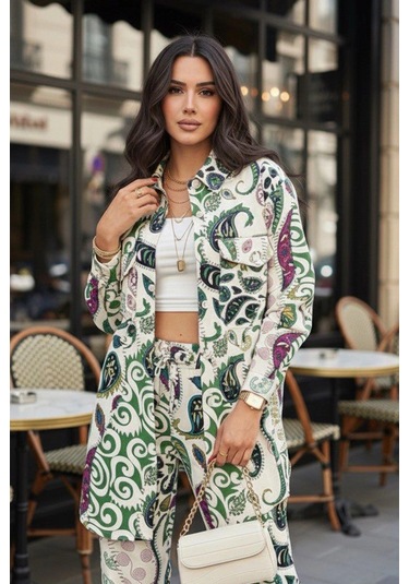 Etnik Desen Baskılı Keten Takım Yeşil Yeşil