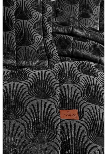 Lucianna Jakar Kadife Çift Kişilik Yatak Örtüsü Takımı Siyah Bej