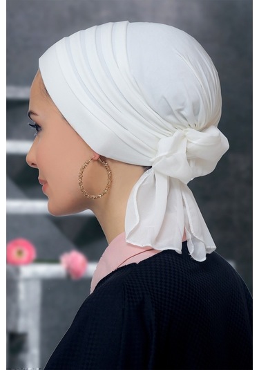 Krem Pratik Hazır Geçmeli Tesettür Bone Sandy Kumaş Pileli Nervür Krem