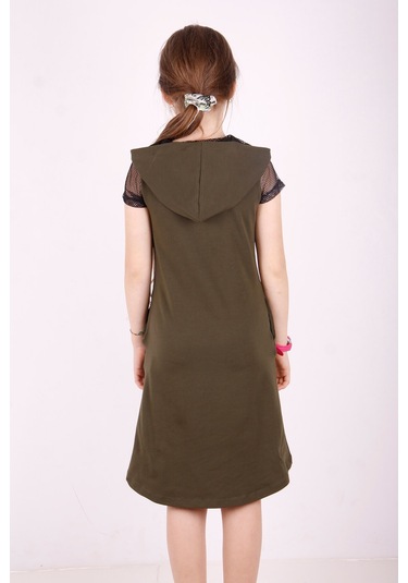 Toontoy Kız Çocuk Kapşonlu Cepli Elbise Haki