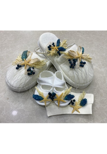 Lohusa Terlik Taç Anne Bebek  Takımı Petrol Mavi Kuru Çicek  Taç