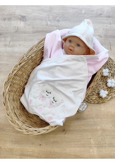 %100 Pamuklu & Mevsimlik Bebek Battaniyesi - Kahverengi & Ayıcık Nakışlı Bebek Örtüsü 80x90 Cm Pembe