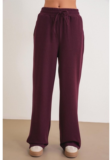 4757 Kadın Lastikli Bol Paça Örme Dökümlü Selanik Pantalon Mürdüm Mürdüm