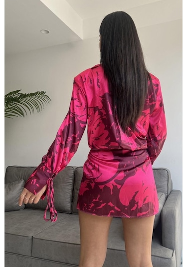 Vatkalı Manşet Detaylı Gömlek Elbise - Fuşya Fuşya