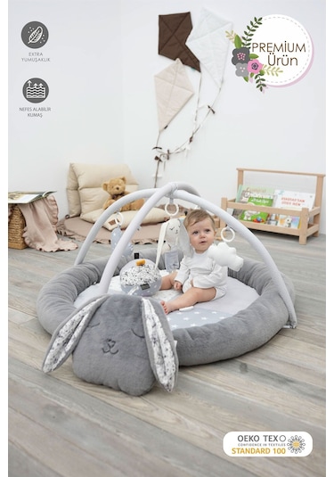 Mordesign Bebek Oyun Alanı, Tavşanlı Bebek Aktivite Matı, Yumuşak Oyun Matı, Baby Gym Serisi, Gri
