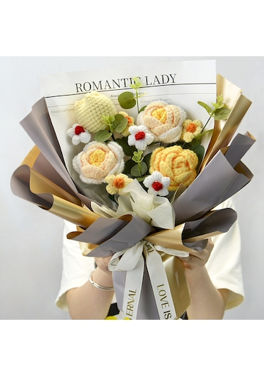 Ayçiçeği Yün Buket Bitmiş Örme Çiçek El Örgüsü Gül Anneler Günü Hediyesi Bej