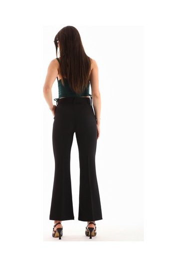 Kemerli Fermuarlı Yanlardan Cepli Geniş Paça Dabıl Kumaş Siyah